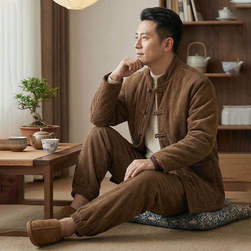 高端可外穿家居服男款秋冬款冬季纯棉加绒加厚保暖新中式睡衣套装