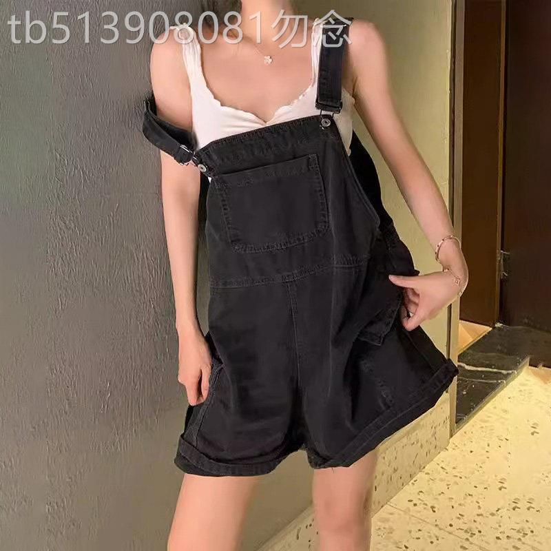 潮牌牛仔背带裤女夏季胖妹妹大码遮胯显瘦酷盐系连体工装阔腿短裤