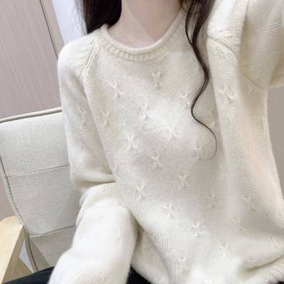 软糯套头慵懒风毛衣女秋冬温柔风宽松加厚卷边钩花小个子针织上衣