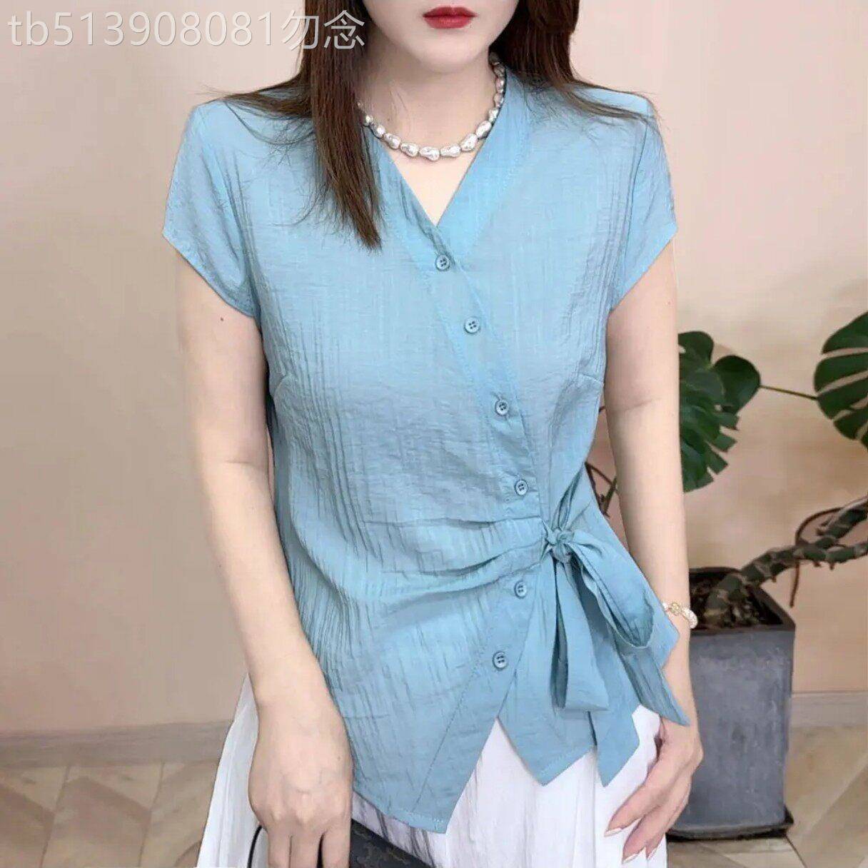 韩系气质设计感系带衬衫女夏收腰百搭减龄显瘦短袖上衣小衫潮ins
