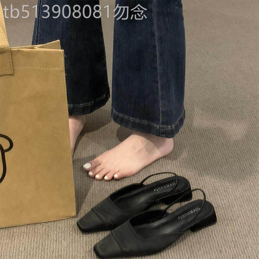 潮牌复古法式包头凉鞋春夏粗跟凉拖黑色小香风女鞋韩版设计感单鞋