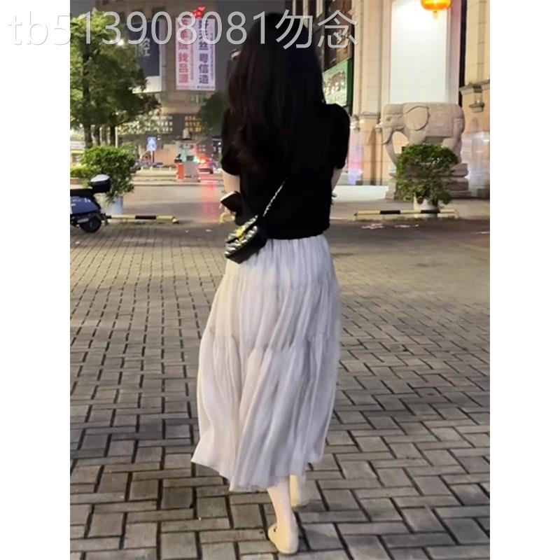 珠光网纱半身裙女夏季2026新款高腰A字百褶裙松紧腰小个子蛋糕裙