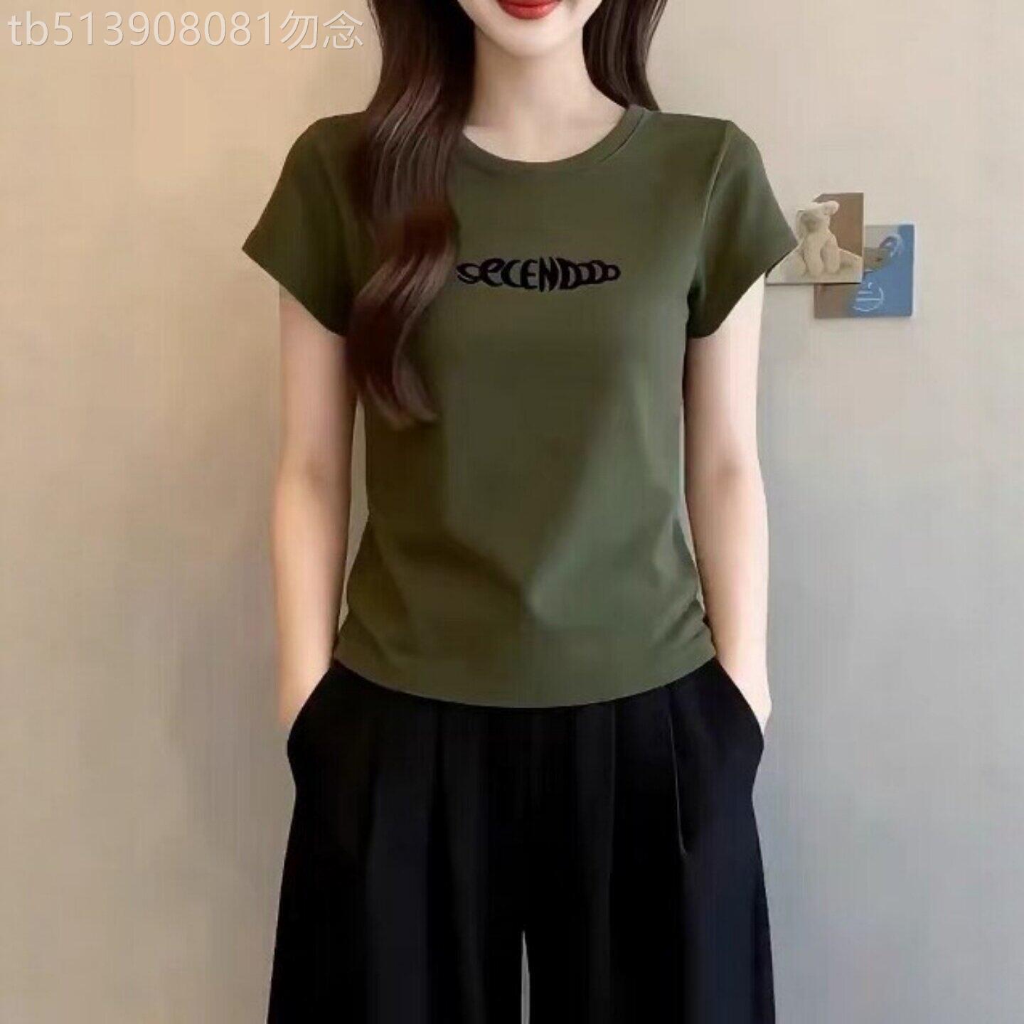 军绿色纯棉短袖T恤女夏季2026新款修身显瘦字母印花T恤衫短上衣