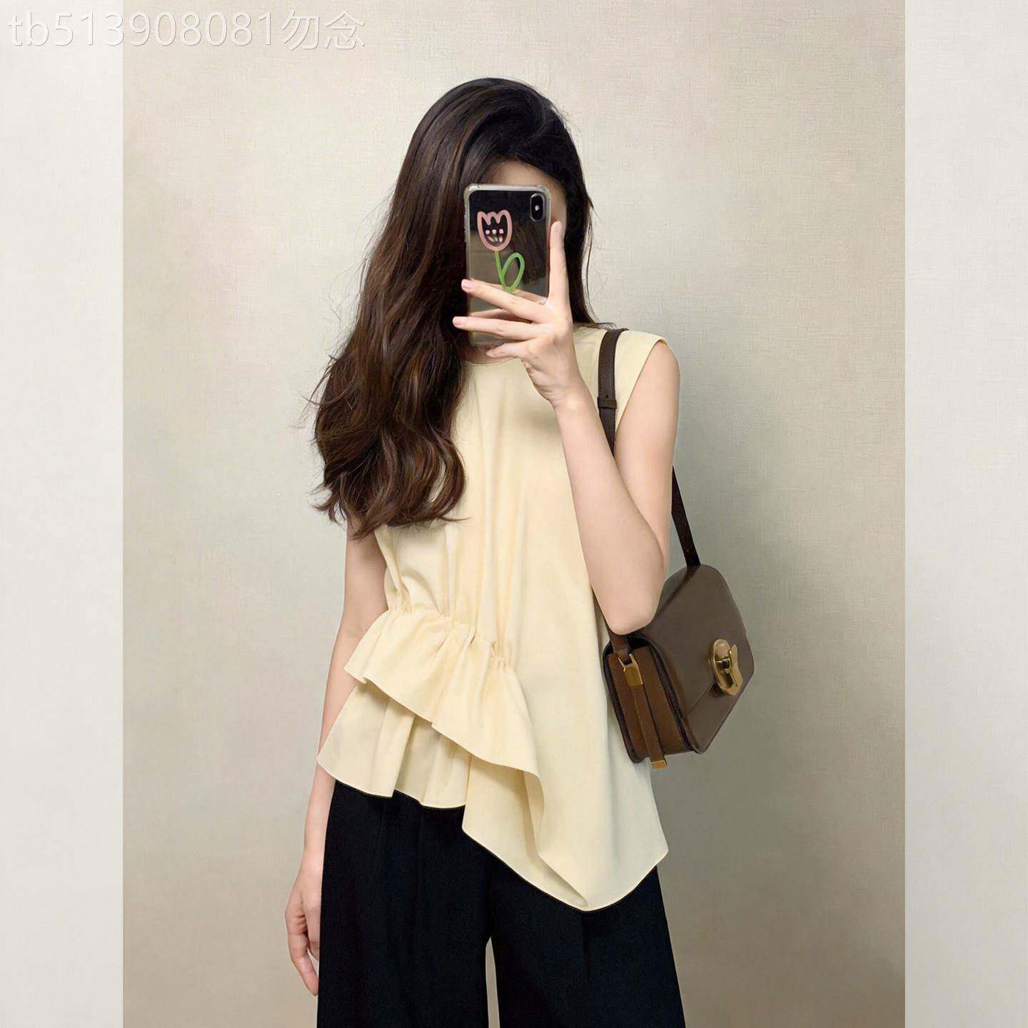 小个子黄色荷叶边法式衬衫女款夏装2026年新款高级感轻奢无袖上衣