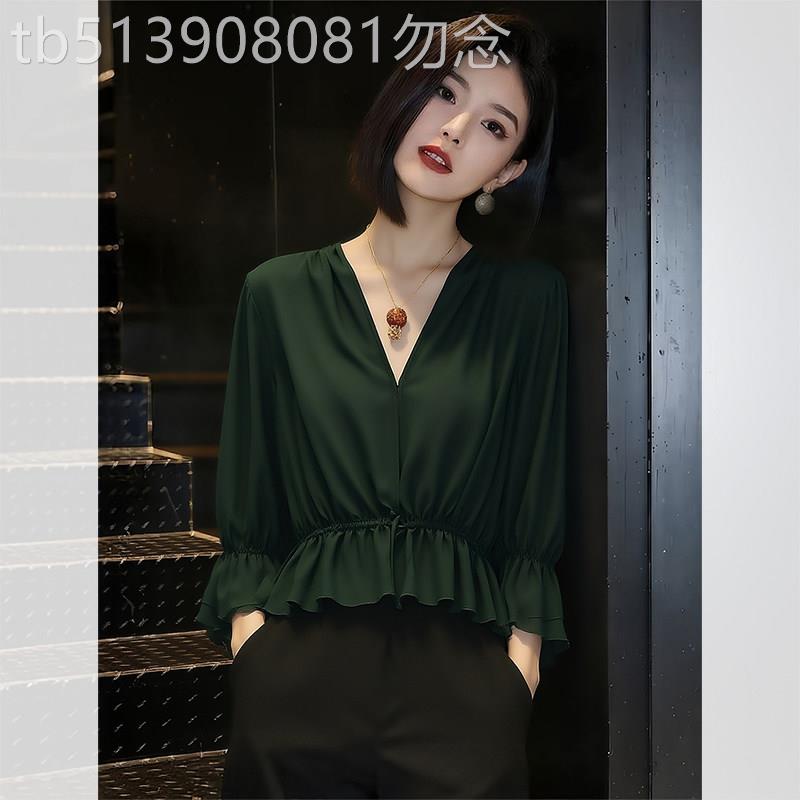V领复古独特七分袖衬衫2026春夏新款女装减龄气质上衣百搭雪纺衫