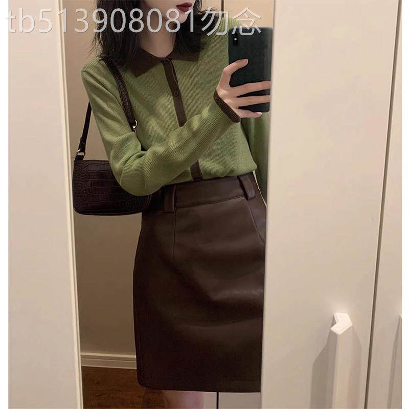 绿咖色复古撞色polo领针织开衫女春秋欧货长袖设计感百搭毛衣上衣