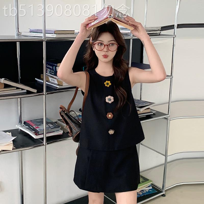 黑色立体花朵设计感无袖背心裙裤套装女2026夏新款慵懒chic两件套