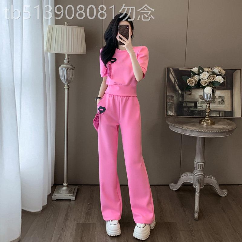 欧洲站粉色休闲运动套装女2026新款夏季时尚炸街短袖阔腿裤两件套