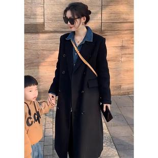 WFYO/黑色双面羊毛大衣女中长款2025冬新款小个子正肩毛呢子外套