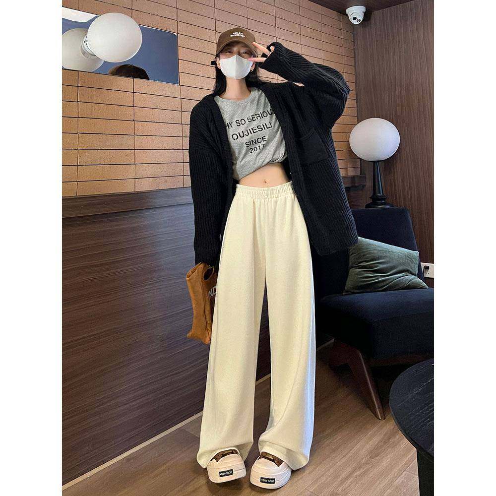 羊绒糯米阔腿裤女2025年秋冬季新款高腰垂感显瘦加绒直筒休闲裤子