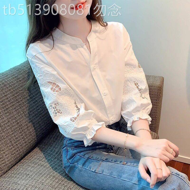 重工刺绣泡泡灯笼短袖衬衫女2026春秋季立领衬衣七分袖白雪纺上衣