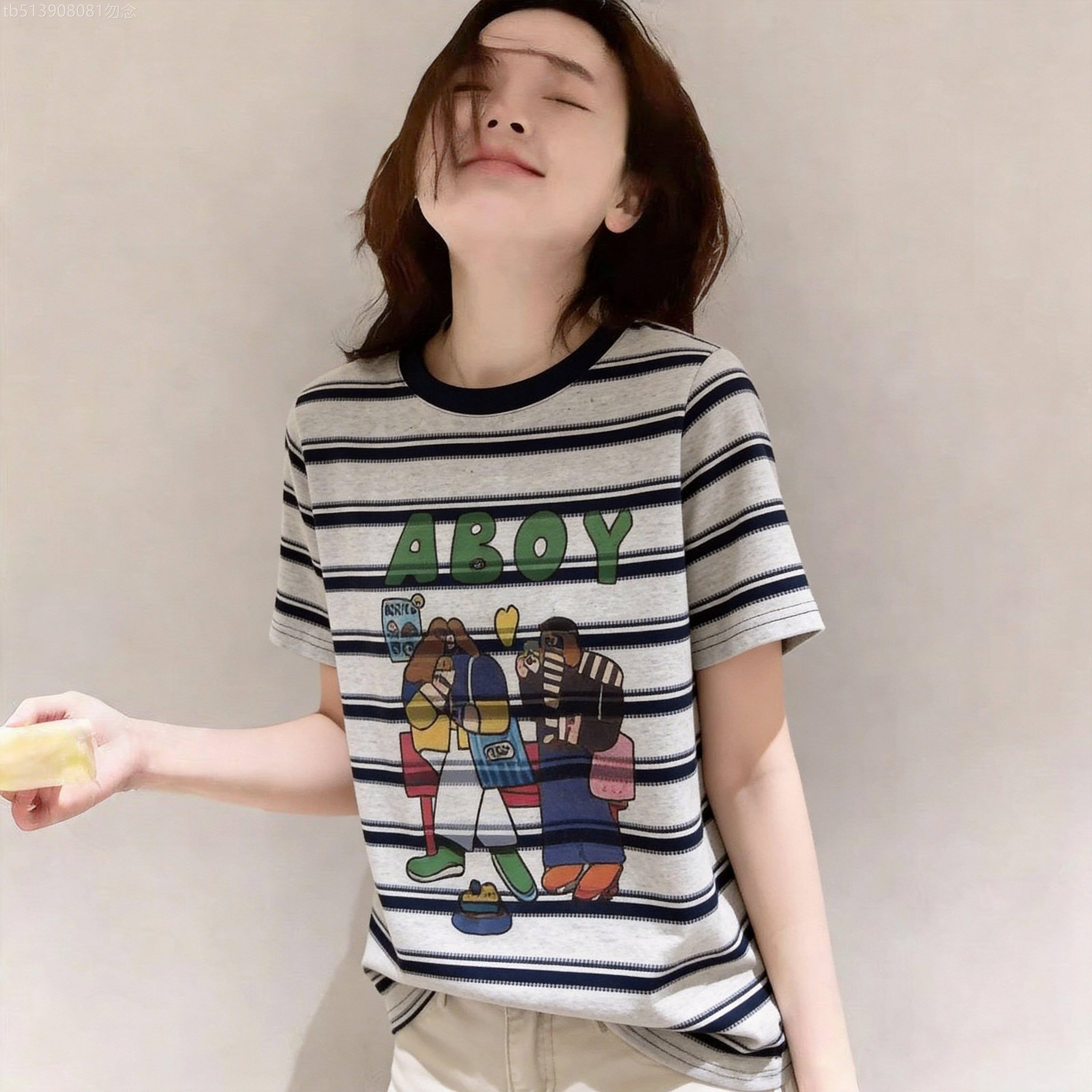 韩国潮流时髦卡通印花条纹短袖T恤女夏季新款减龄百搭休闲上衣ins