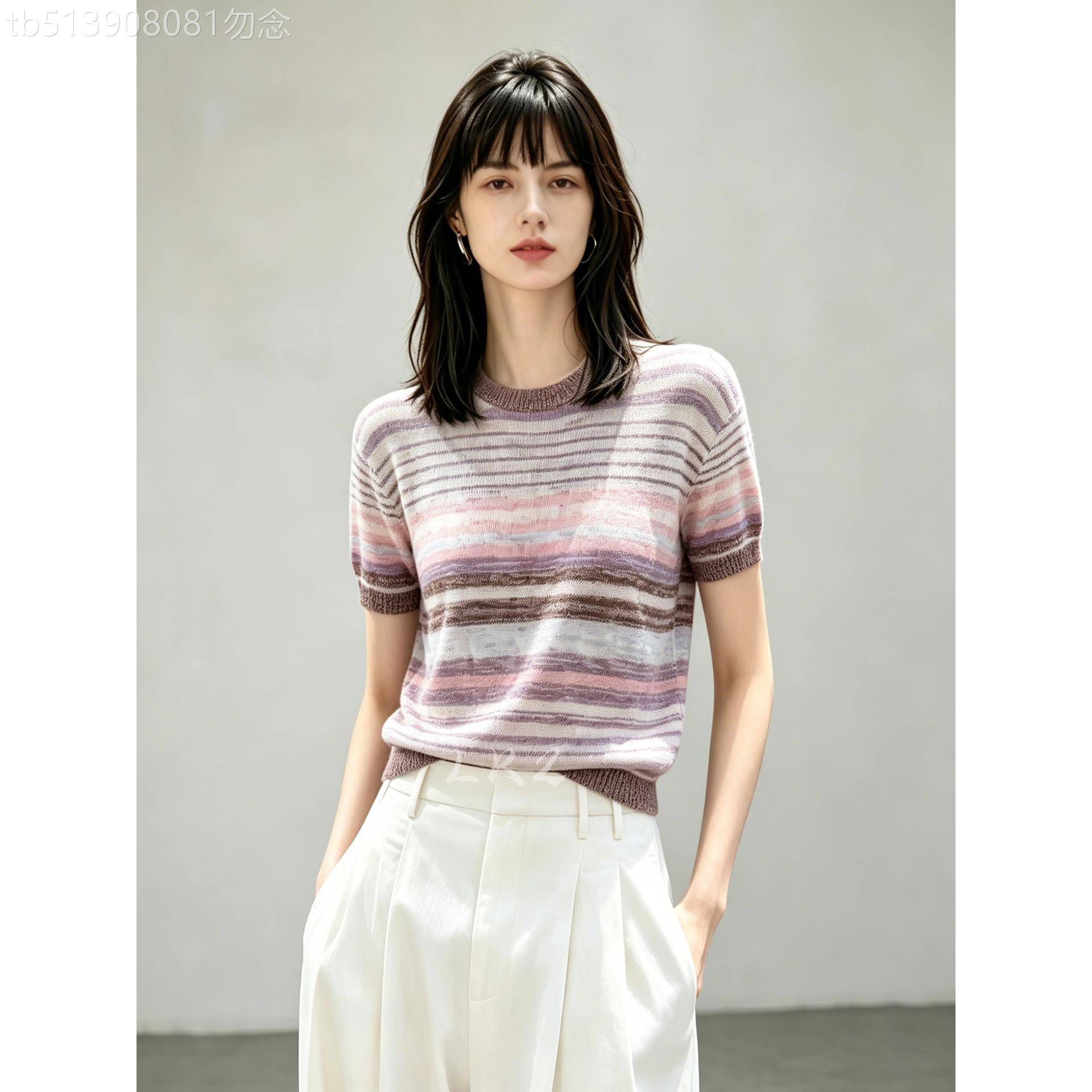 法式圆领设计紫色条纹针织T恤女夏季新款时尚休闲风套头短袖上衣