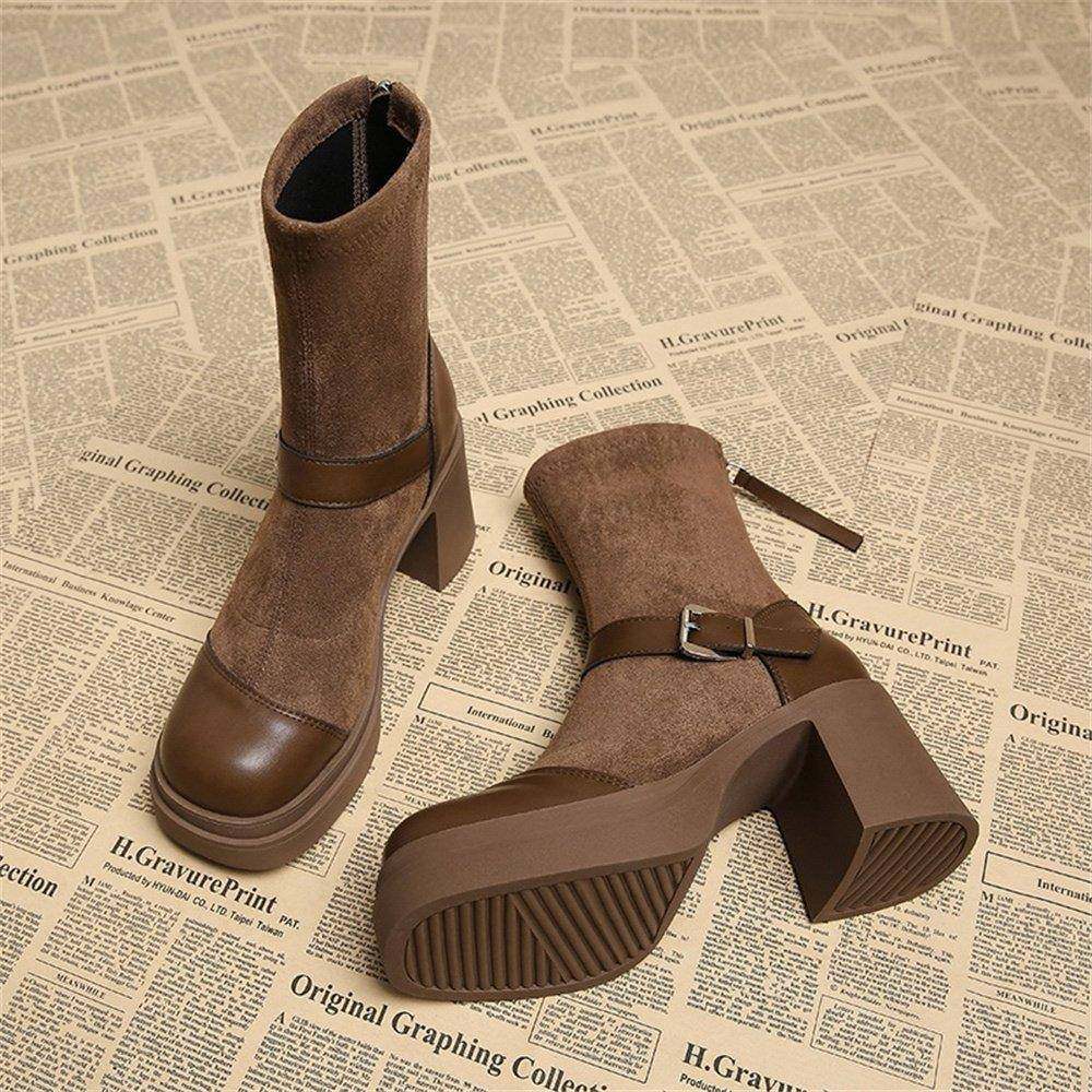 香港真皮高跟短靴女秋冬2025新款不累脚厚底气质复古小个子马丁靴