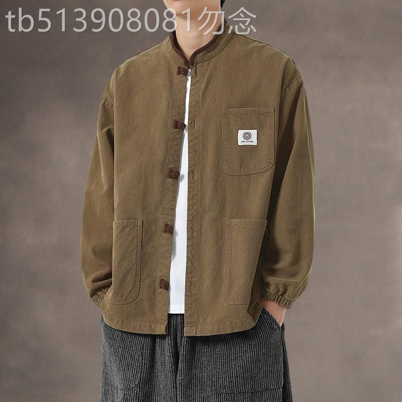 潮牌中国风贴布夹克男春秋季新款新中式唐装盘扣上衣帅气棉麻外套
