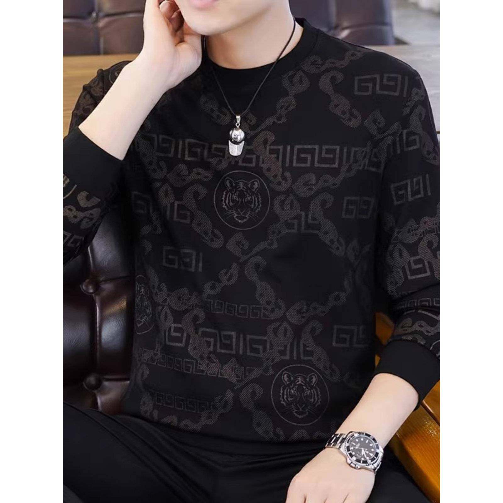 高端纯棉长袖t恤男春秋宽松内搭打底休闲印花薄款男士圆领卫衣潮