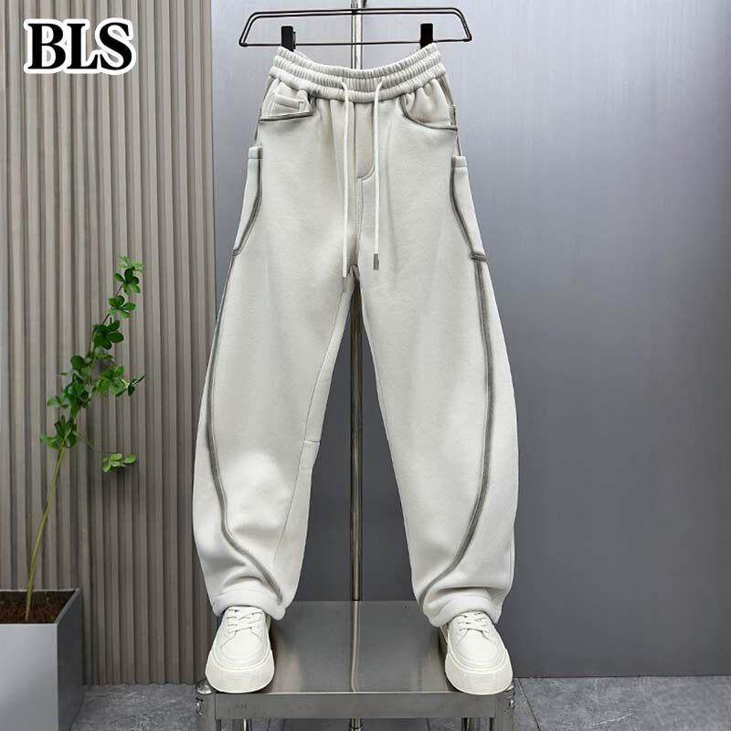 高端加绒弯刀休闲裤男款冬季2025新款加厚保暖条纹大口袋运动卫裤