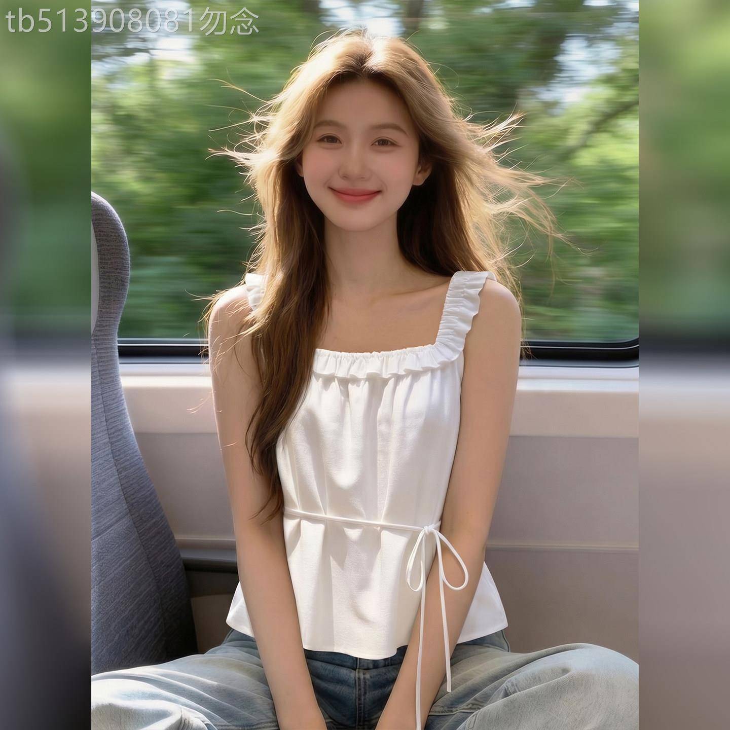 白色抽褶荷叶边背心女夏季2026新款外穿大尺码百搭宽松遮肚无袖上
