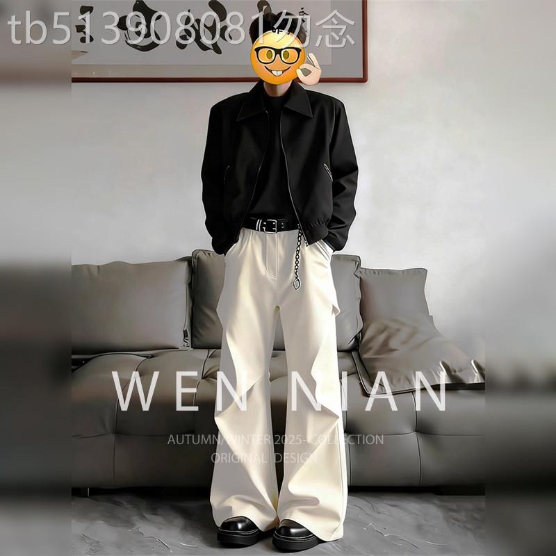 韩国WEN NIAN褶皱西裤男2026秋季新款垂坠直筒宽松弯刀微喇阔腿裤
