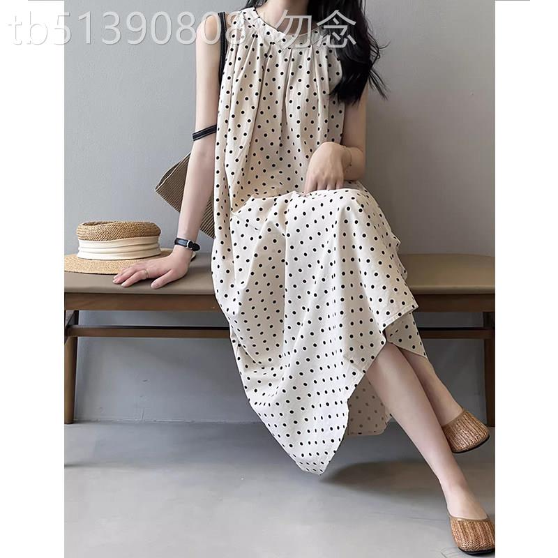 波点棉麻连衣裙女夏季薄款2026新款时尚减龄文艺气质无袖过膝长裙