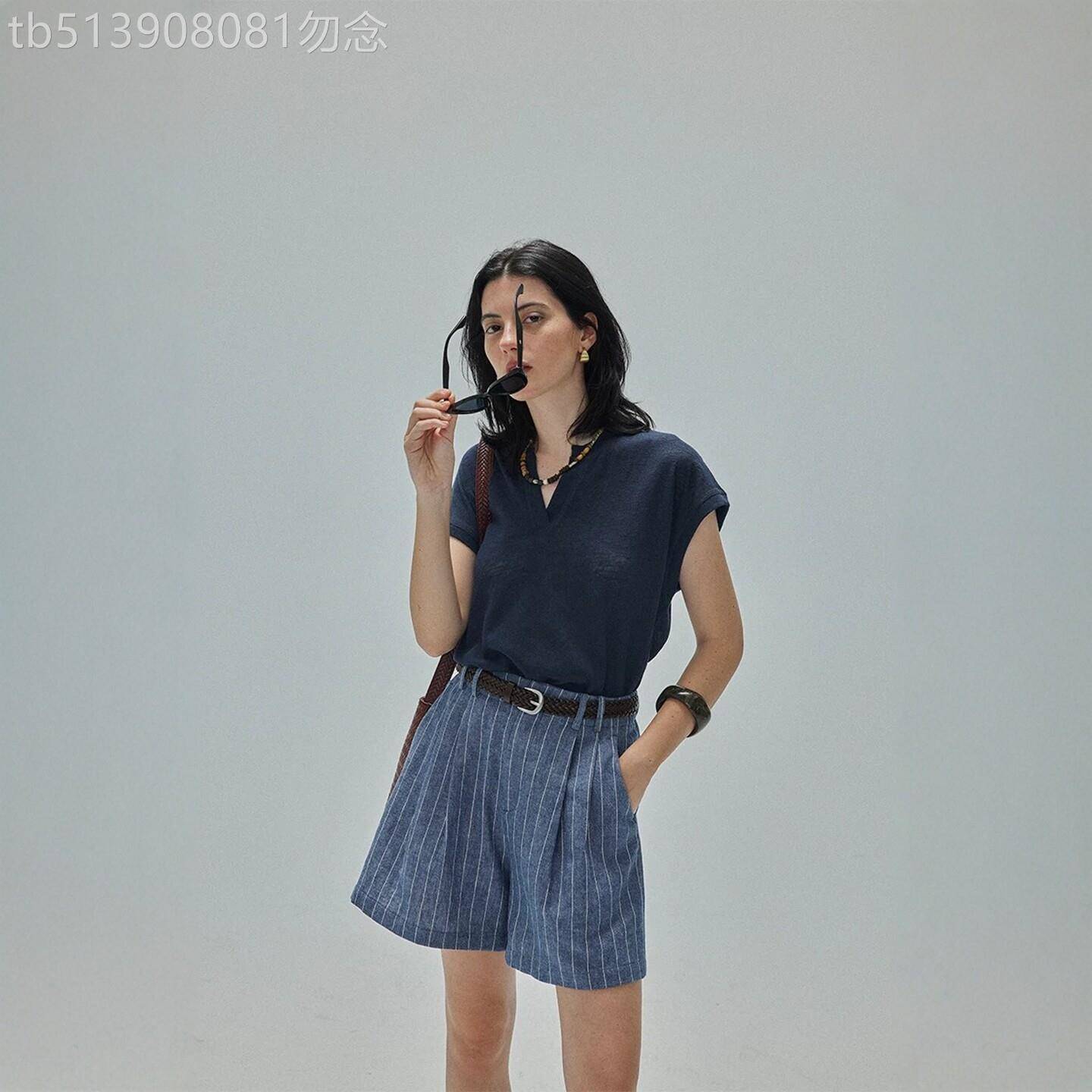 潮牌法式百搭休闲棉麻短裤女夏季2026年新款宽松A型竖条纹阔腿裤