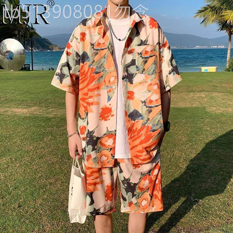 沙滩穿搭休闲套装男款夏季三亚风大尺码海边短袖衬衫男生搭配一整