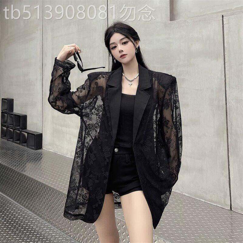 蕾丝拼接垫肩西装上衣女夏季薄款2026新款气质显瘦休闲西服外套女