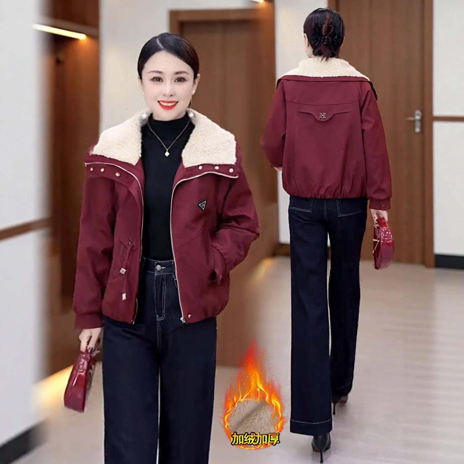 时尚加绒加厚短款外套女冬季新款洋气显瘦羊羔毛翻领保暖夹克棉袄