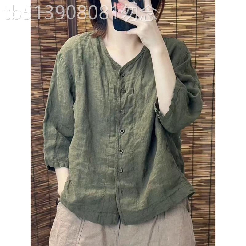纯色亚麻短袖衬衫女夏季2025新款设计感小众显瘦宽松气质V领衬衣