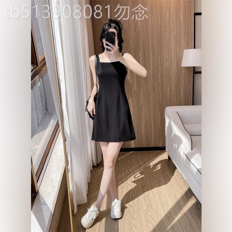 潮牌极简风吊带连衣裙女夏季短款收腰A字裙显瘦高级感西装小黑裙
