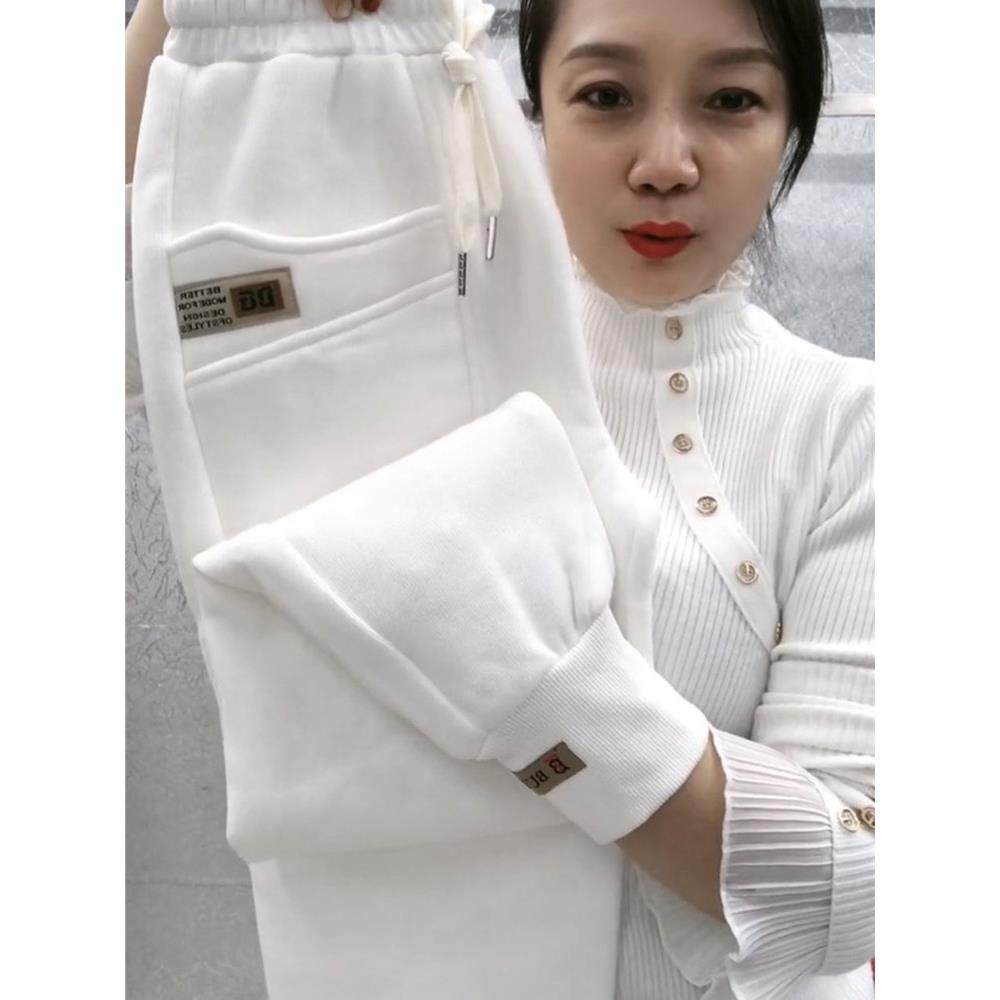 韩国白色卫裤女加绒秋冬新款宽松哈伦裤束脚长裤小脚休闲运动裤子