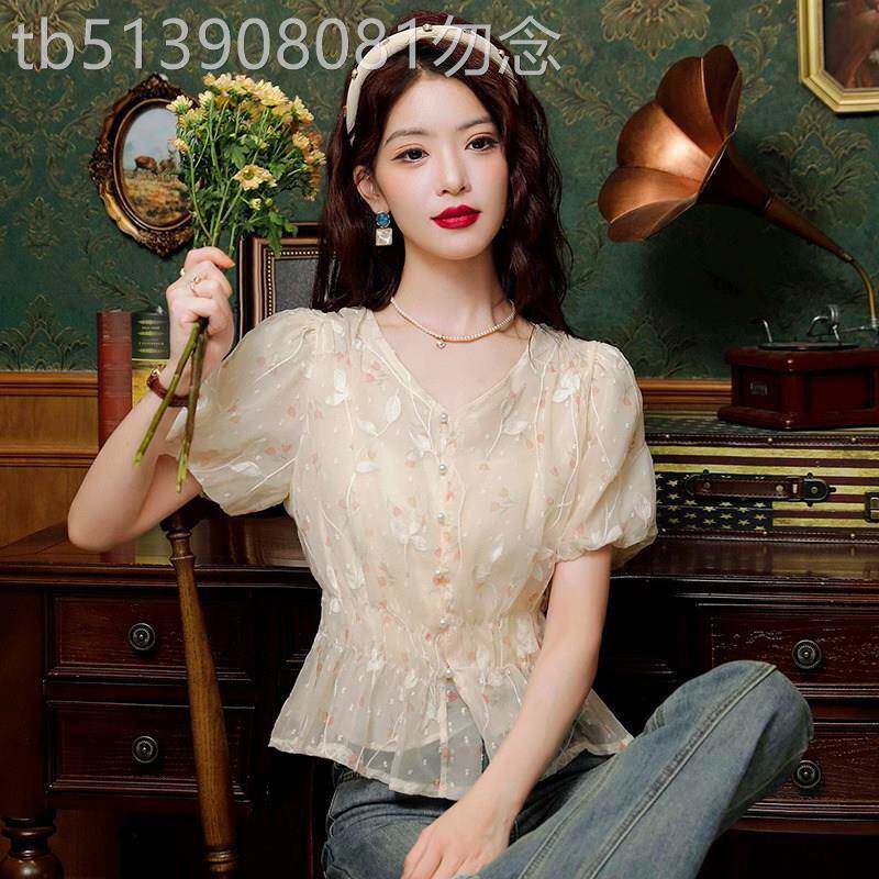 法式雪纺衬衫女士短袖夏季薄款2026新款设计感小众短款泡泡袖上衣