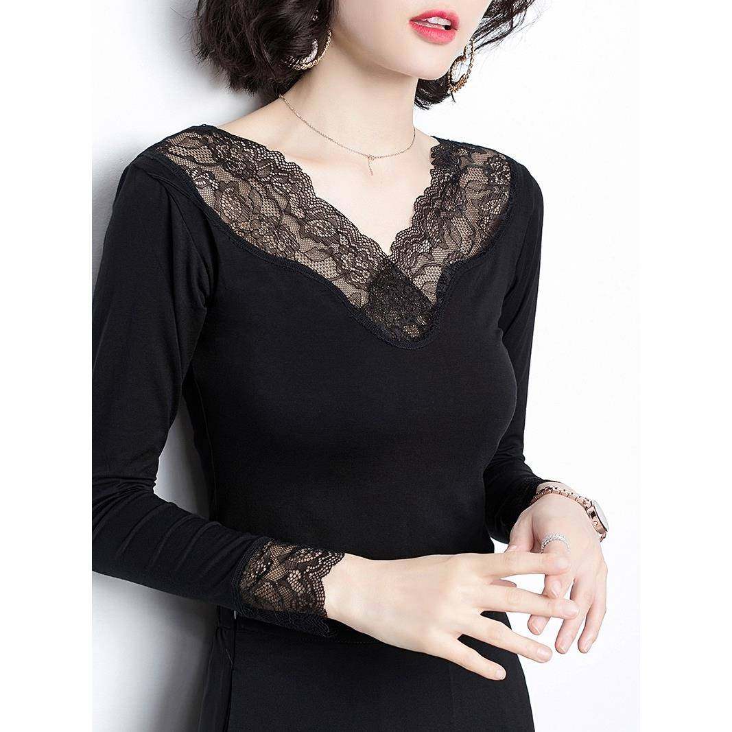 日本保暖内衣女蕾丝打底衫秋冬季新款莫代尔V领内搭黑色长袖上衣,女士内衣/男士内衣/家居服,保暖上装,淘宝优惠券,粉丝福利购,淘宝优惠卷