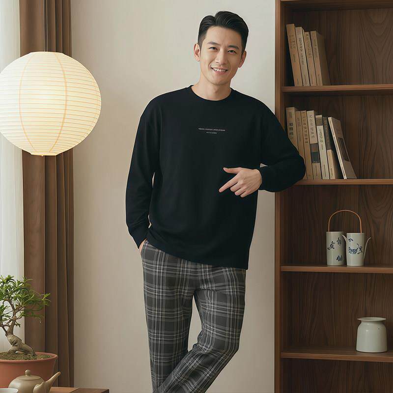 高端品牌睡衣男士春秋款秋季纯棉长袖秋冬款圆领家居服套装四季款
