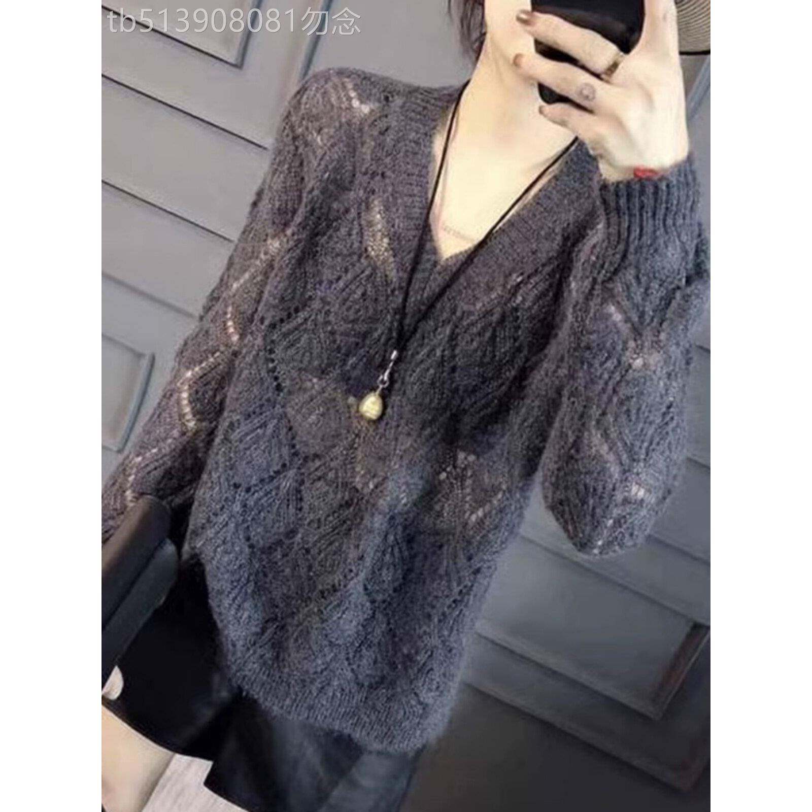 薄款微透菱形格毛针织衫女春秋新款欧货宽松V领长袖马海毛毛衣潮
