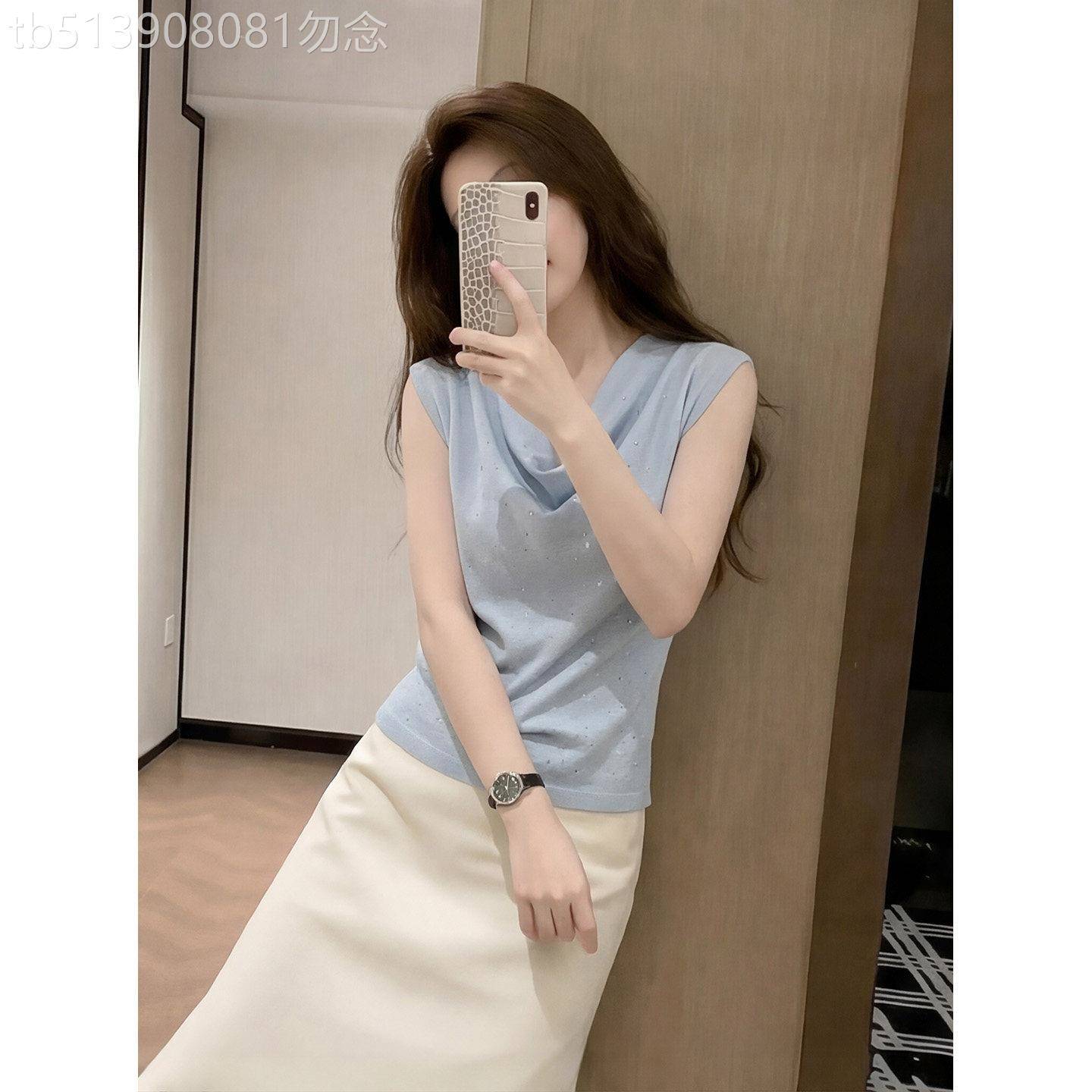 高级感短袖上衣女修身显瘦大尺码气质设计感法式时尚V领无袖背心T