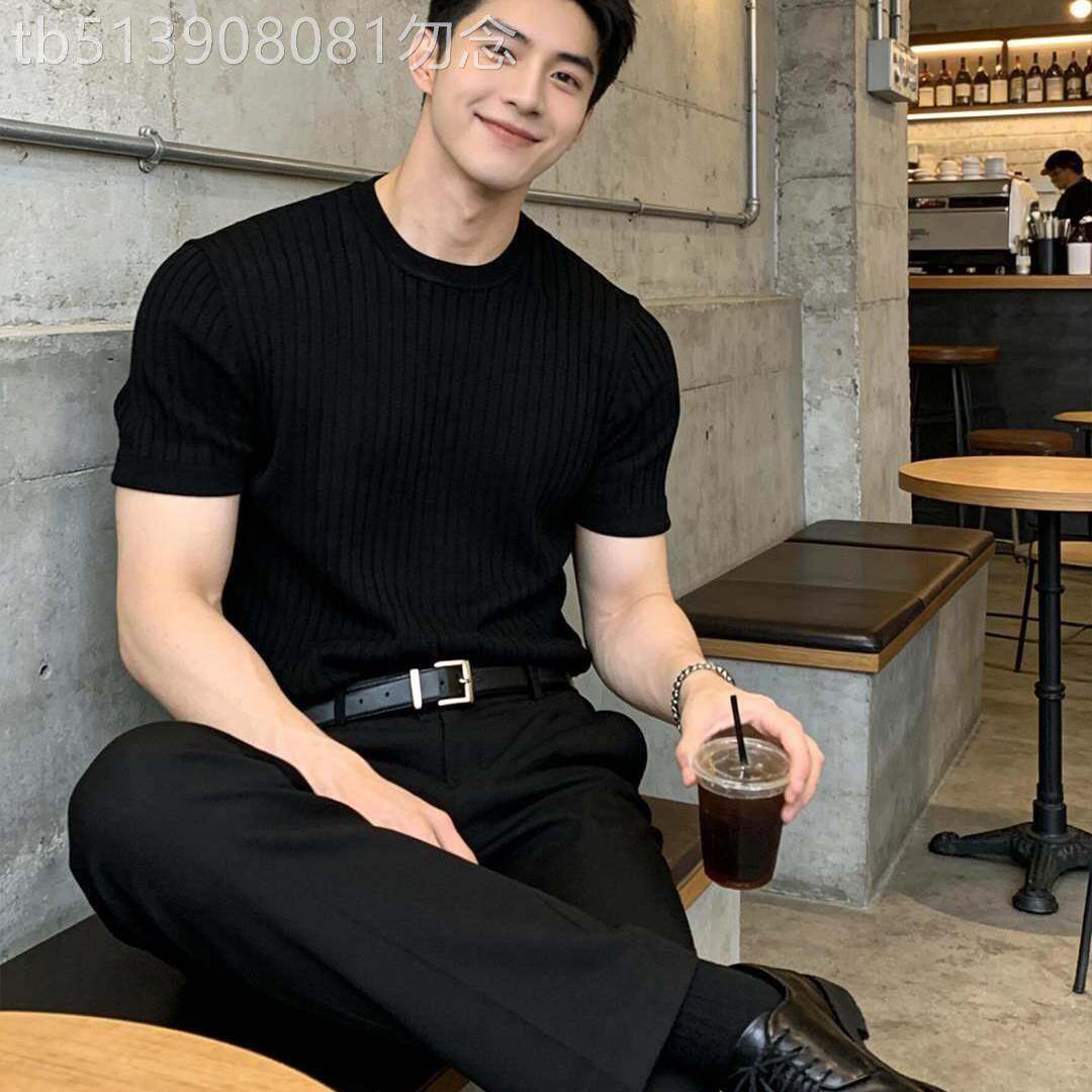 潮牌坑条纹针织短袖男夏季韩系穿搭修身收袖口T恤运动休闲半截袖