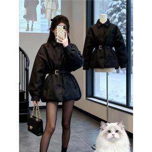 韩系气质高级感黑色收腰棉服女款巨好看的冬装翻领保暖厚外套