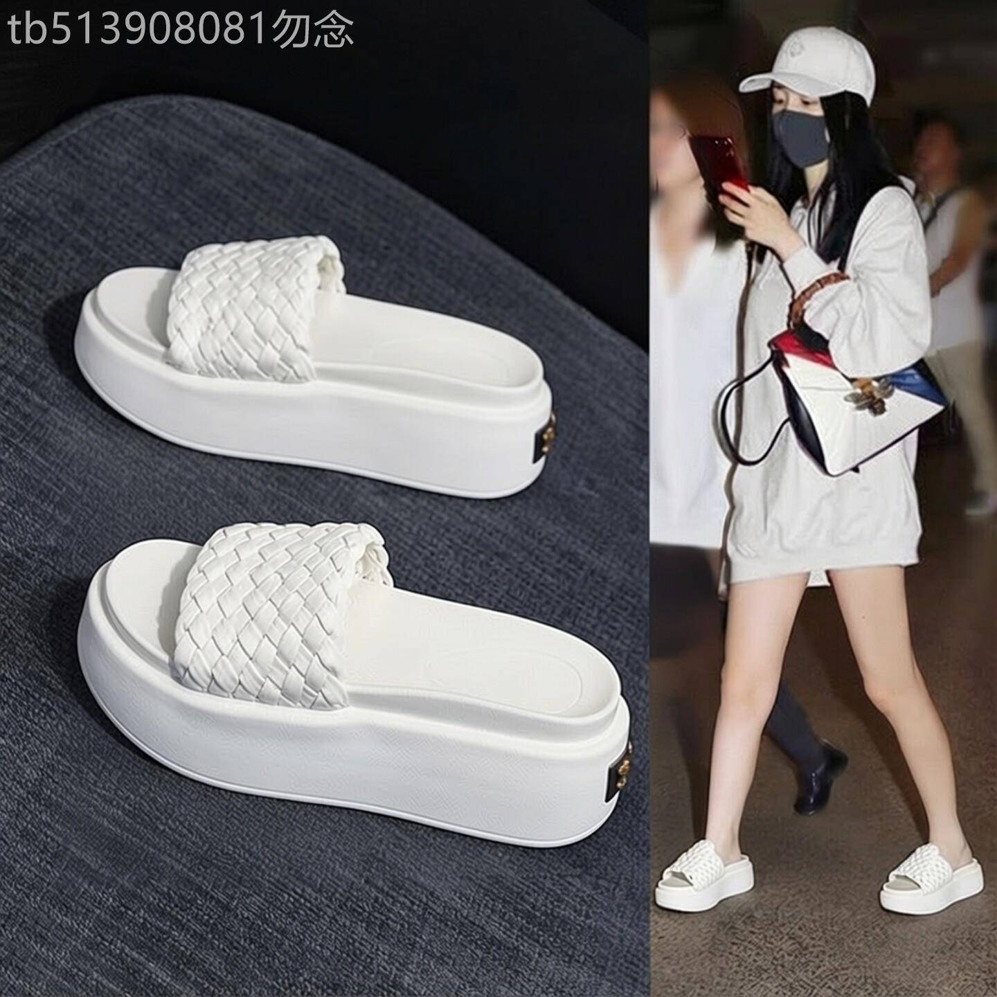 一字型套脚沙滩凉鞋女206年夏季新款海边编织款松糕凉鞋韩版潮流