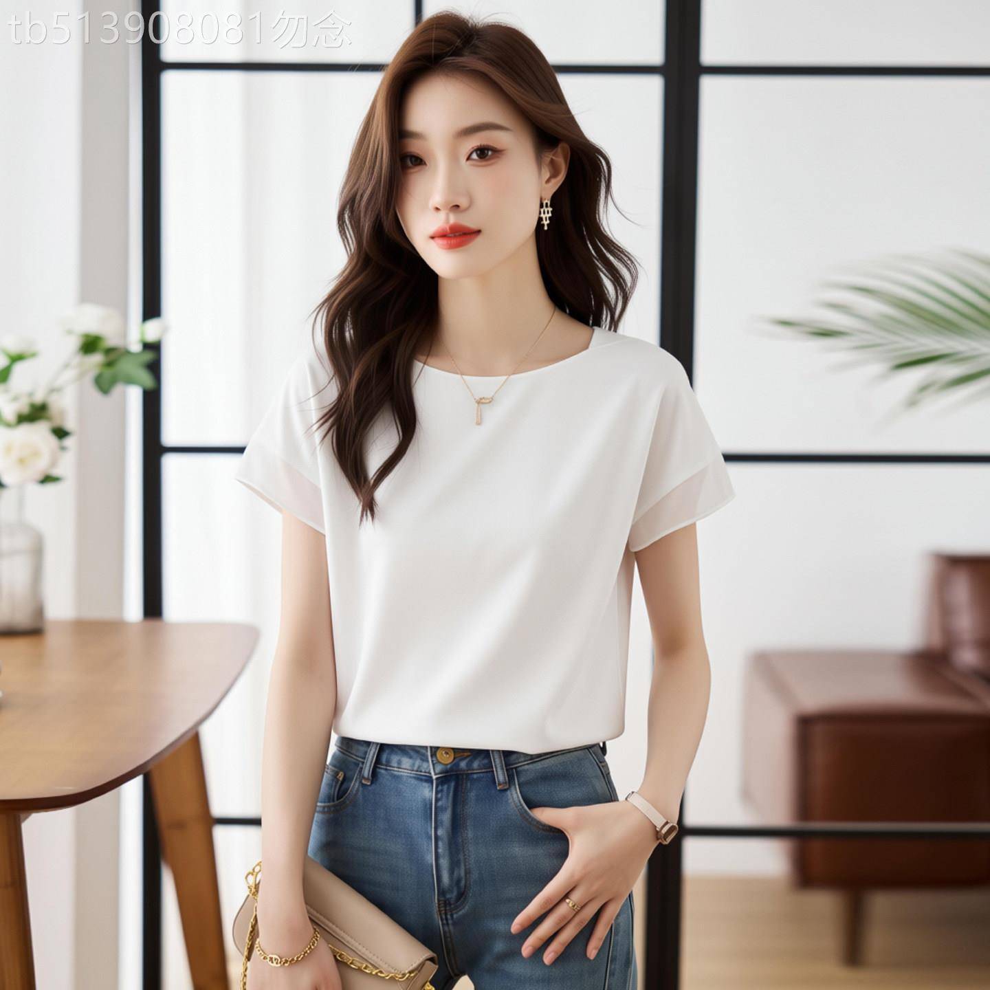 中年妈妈圆领雪纺衬衫女2026年新款夏季轻奢减龄洋派小衫短袖上衣