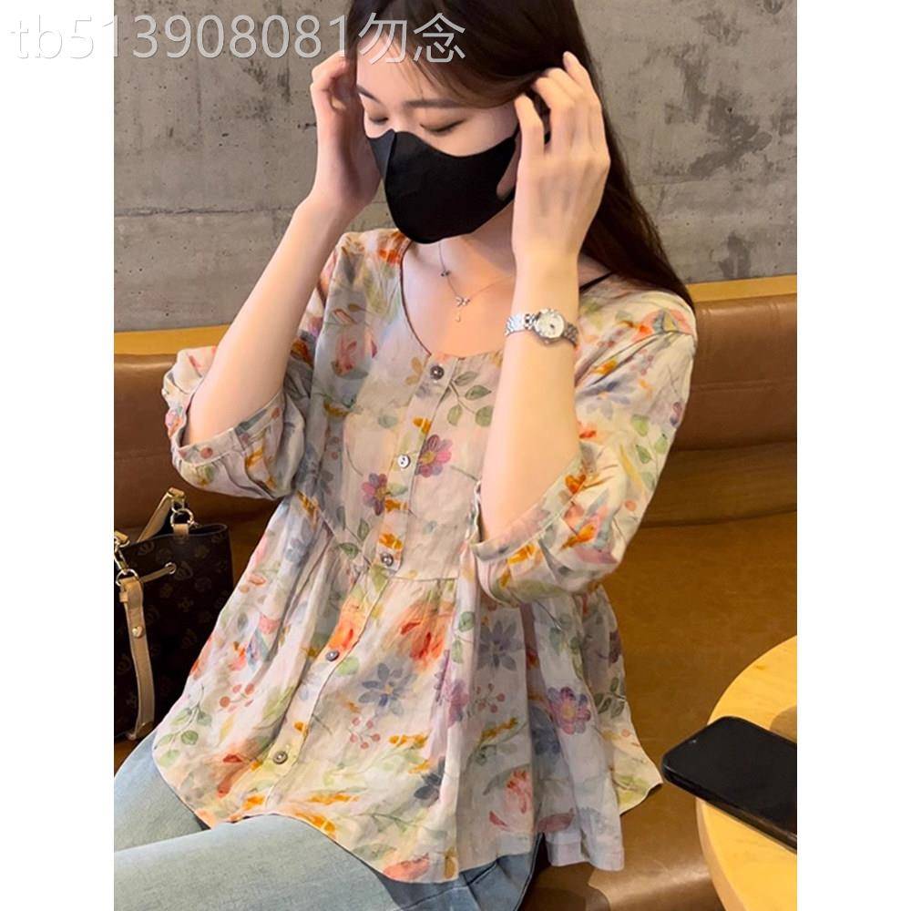 碎花雪纺衬衫女士短袖夏季薄款2026新款小衫宽松遮肚子娃娃衫上衣