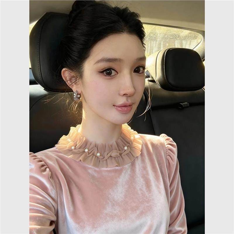 高级感轻奢减龄洋气叠穿内搭法式小上衣蕾丝领拼接粉色丝绒衬衫女,女装/女士精品,大码内搭,淘宝优惠券,粉丝福利购,淘宝优惠卷