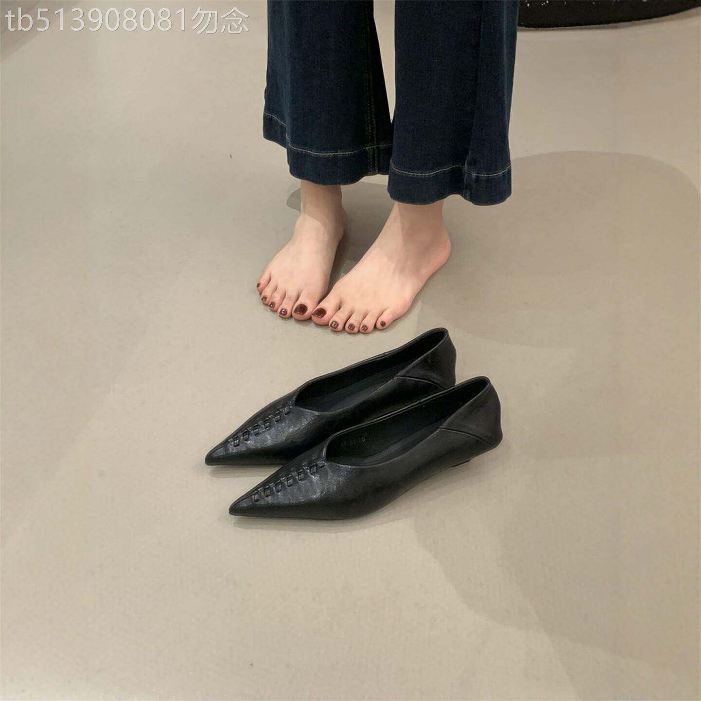 潮牌法式黑色尖头小皮鞋女内增高编织单鞋可踩跟女巫鞋百搭瓢鞋女