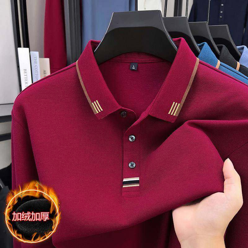 本命年红色长袖t恤男2025年秋冬新款加绒加厚翻领打底衫带领上衣