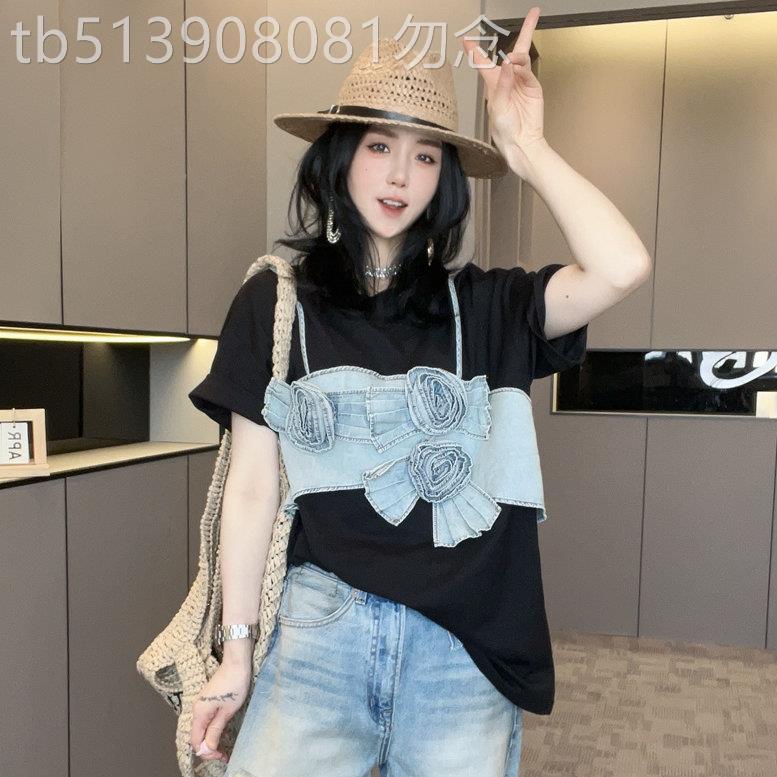 花朵牛仔拼接短袖T恤女2026夏季新款圆领宽松洋气半袖欧货上衣潮