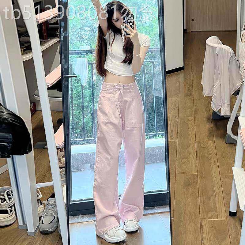 粉色直筒牛仔裤女夏季薄款2026新款高腰显瘦小个子棉麻窄版阔腿裤