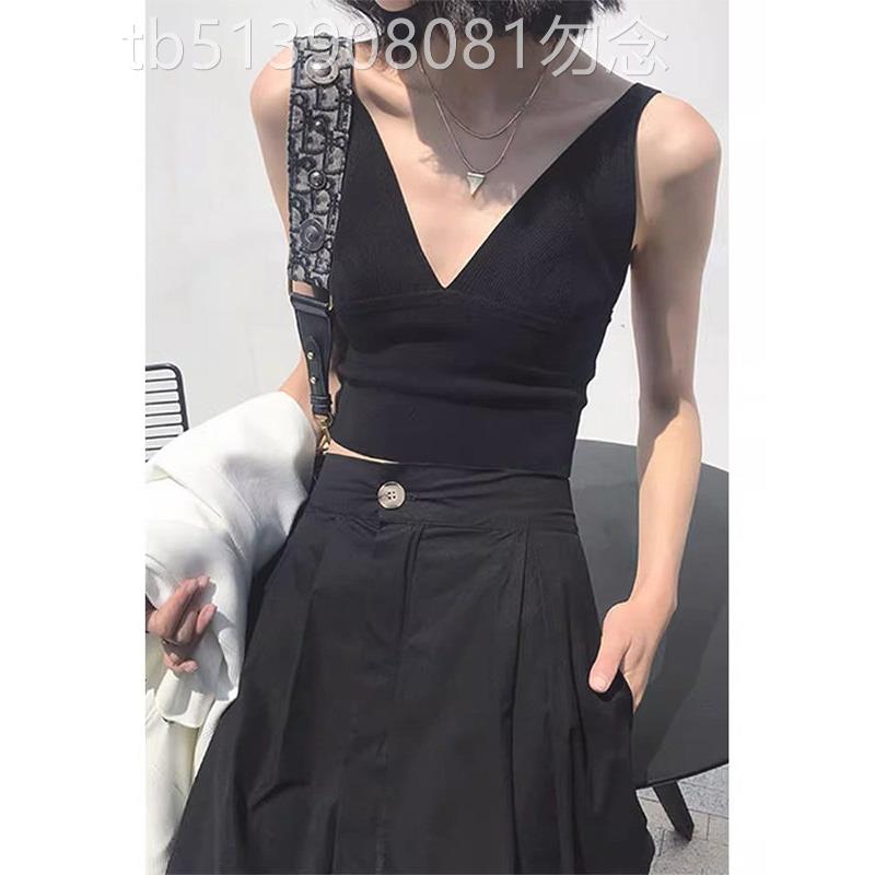 黑色深V领露背针织吊带背心女春秋欧货西装内搭性感无袖打底上衣