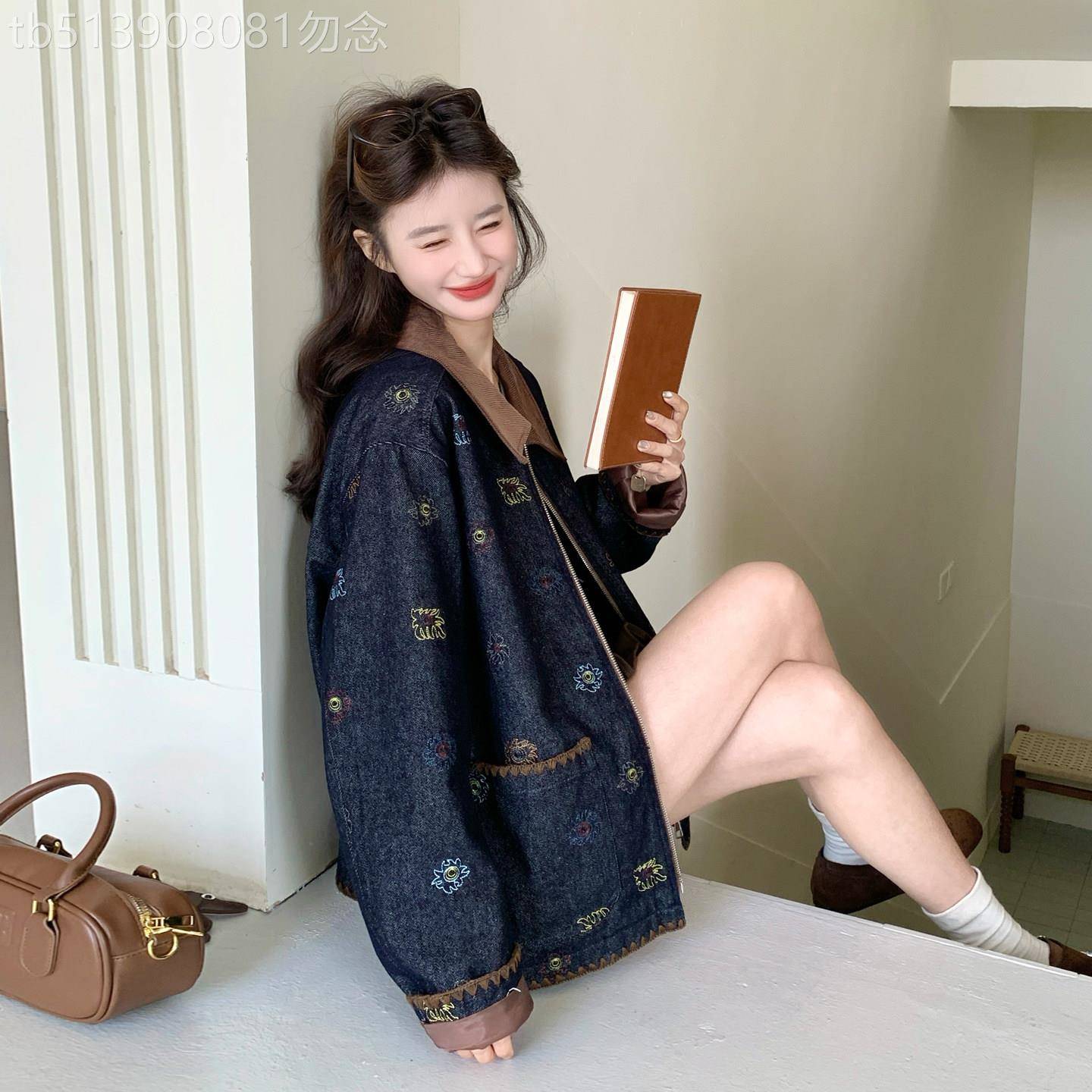 复古刺绣牛仔外套女2026春新款高级感撞色灯芯绒翻领休闲拉炼夹克