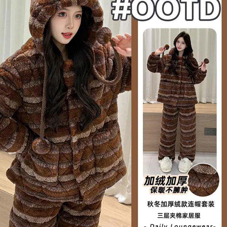 珊瑚绒睡衣女款秋冬季三层夹棉加绒加厚棉袄冬天男士可外穿家居服