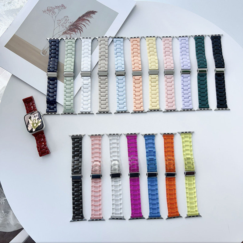 适用苹果手表s10仿陶瓷糖果三珠表带iwatch11se876透明链式男女款